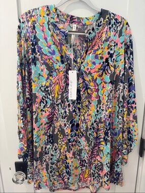 Dear Scarlett Multicolor V-Neck Floral-Print Tunic - Pink, Aqua, Yellow, Navy